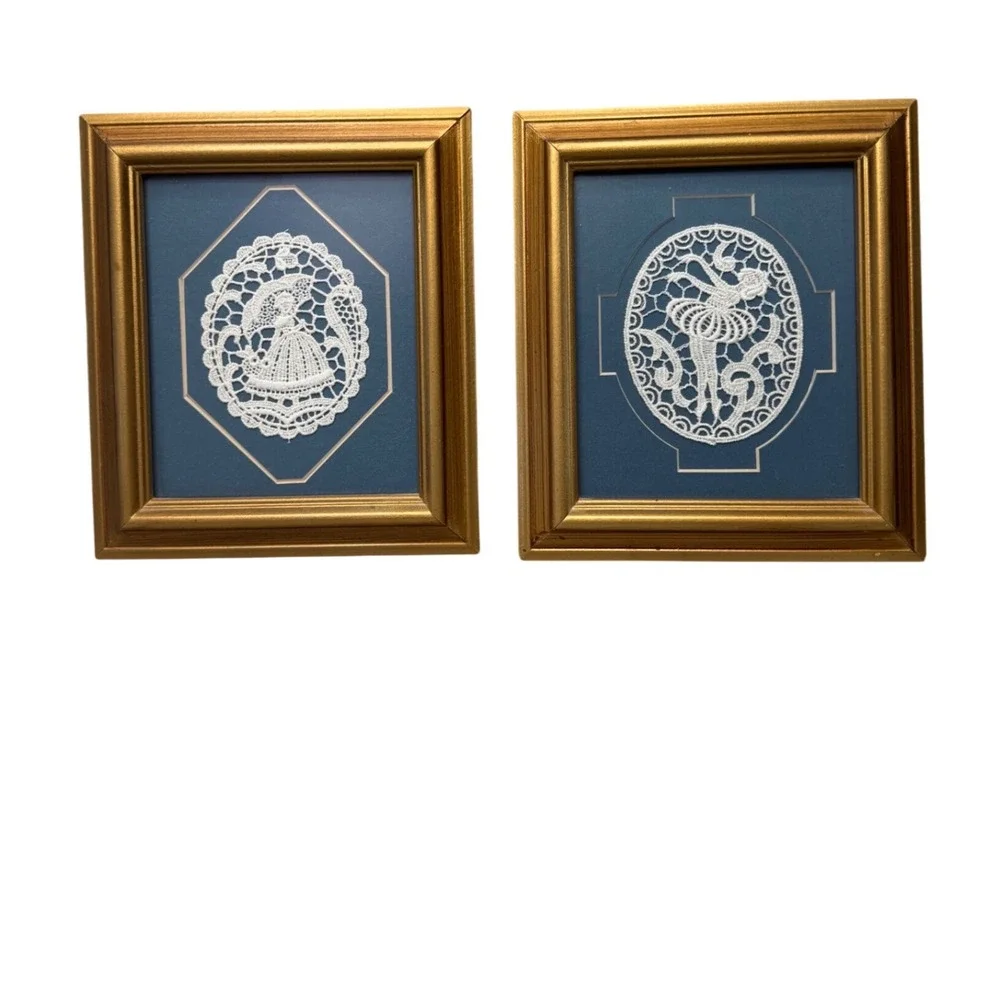 Vintage Framed Lace Art Pair Victorian Lady Ballerina Dancer Gold Frame Blue Set